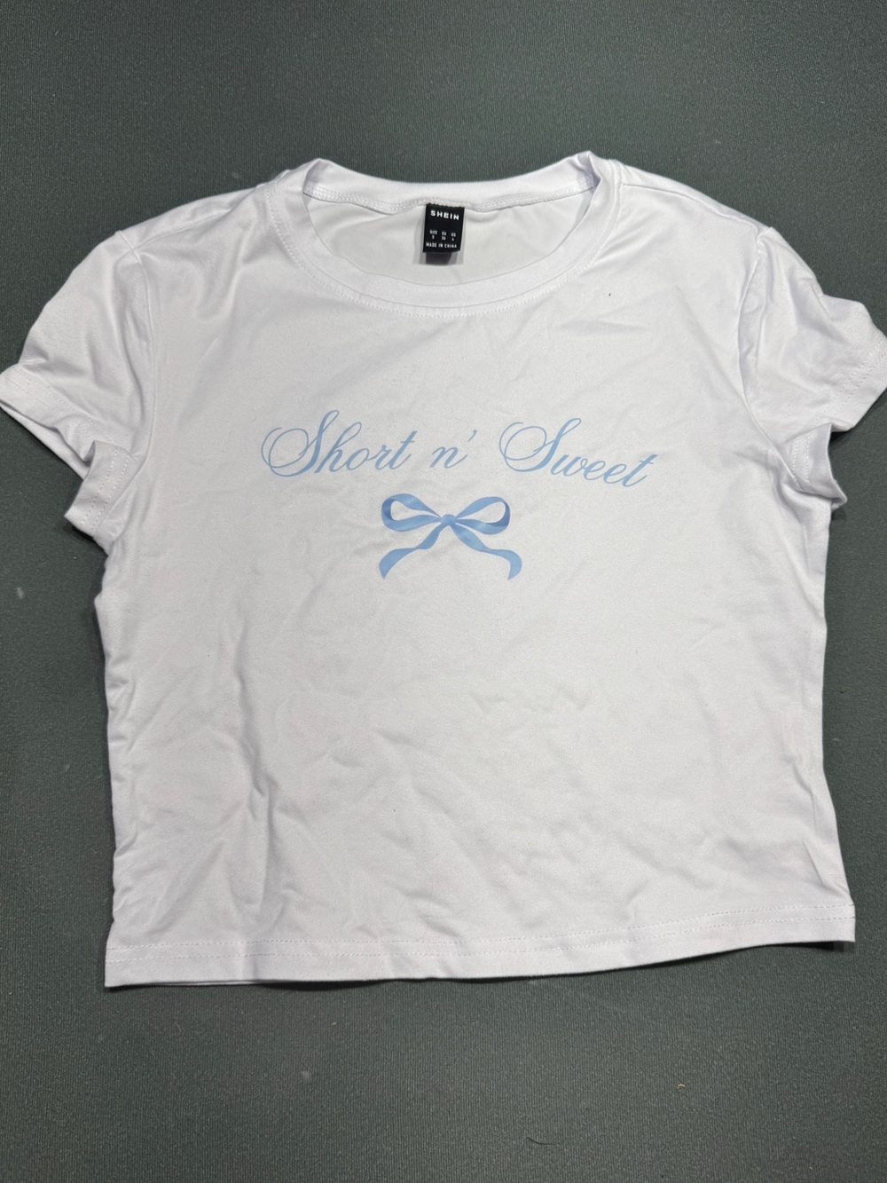SHEIN White Crop Tee with Light Blue Short n Sweet & Bow
